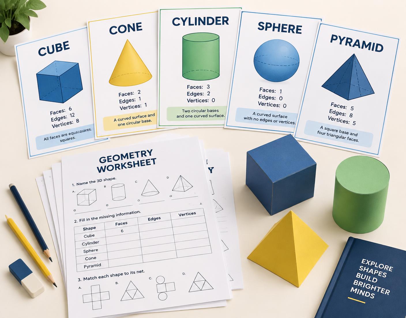 Printable geometry posters, worksheets and assembled paper geometric solid models