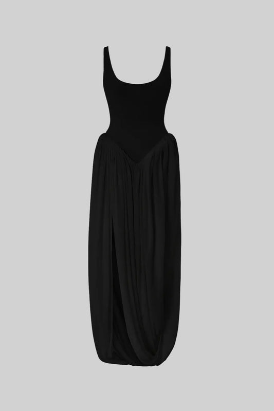 SirenSplit™ - DRAPED MAXI DRESS WITH SCULPTURAL SKIRT AND SIDE SLIT
